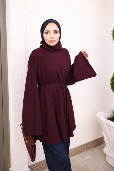İmajButik Mürdüm Bel Bağlamalı Dik Yaka Tunik
