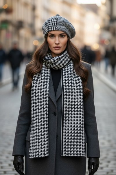 Generic Brand Women's Winter Houndstooth Patterned Scarf Painter Beret Set
