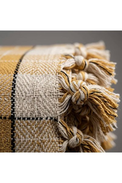DNRYSL 100% Cotton Karatezgah Woven Mustard Double Pique 200X240 cm Checkered Fringed Tv Blanket Sofa Shawl