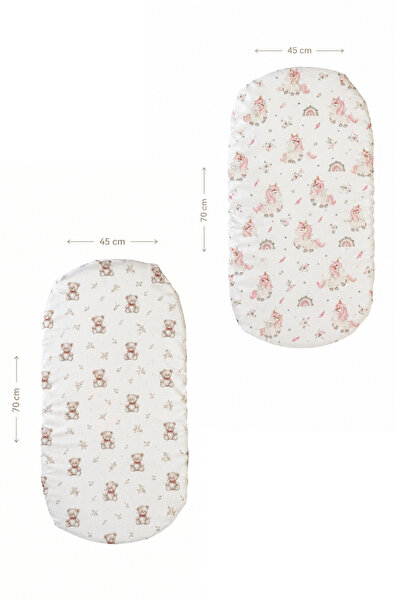 pistore Pembe Unicorn - Ayıcıklı %100 Organik Pamuk Saten 2'li Lastikli Bebek Çarşafı 45 x 70 cm