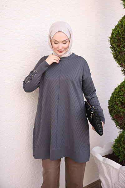İmajButik Füme Kolu Taş Detaylı Soğuk İplik Triko Tunik