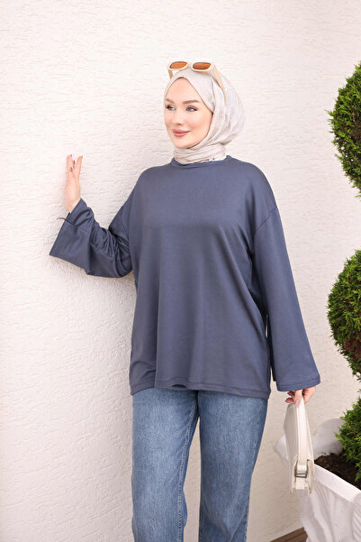 İmajButik Anthracite Crew Neck Wide Sleeve Tunic