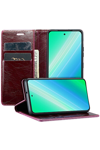 ERBORD Husă tip portofel Waxy pentru Samsung Galaxy S23 Ultra, Roșu