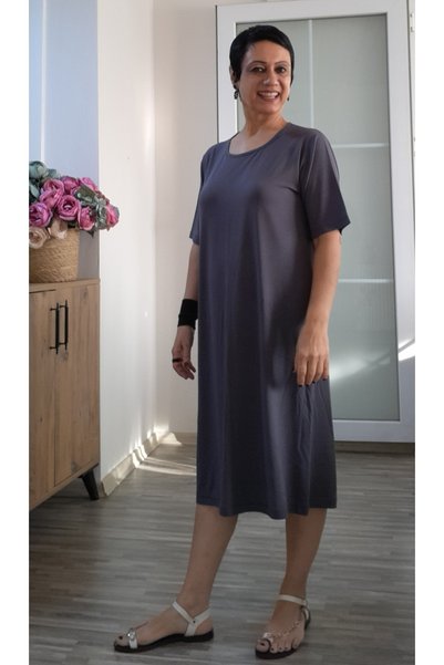 Mertcan Butik Smoked Short-Sleeved Hollow-Out Neckline Knee-Length Combed Viscose Dress