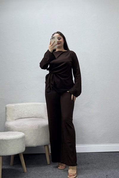 BELENDİR بدلة نسائية مودال بربطة جانبية باللون البني