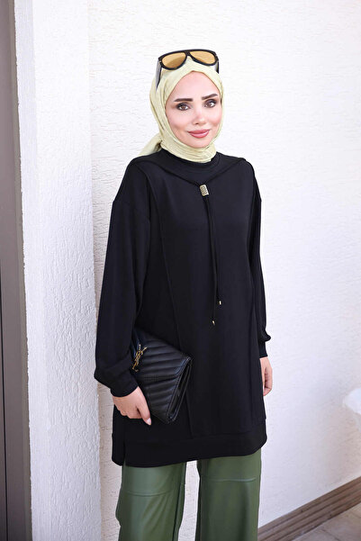 İmajButik Black Tunic with Striped Front and Elastic Sleeves
