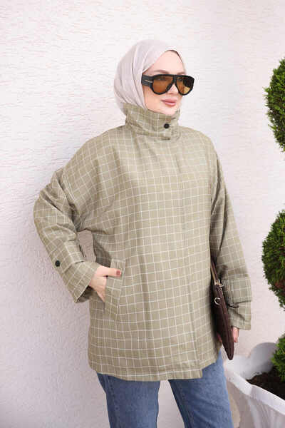 İmajButik معطف قصير مربعات باللون الأخضر الزيتي مع جيوب وأزرار