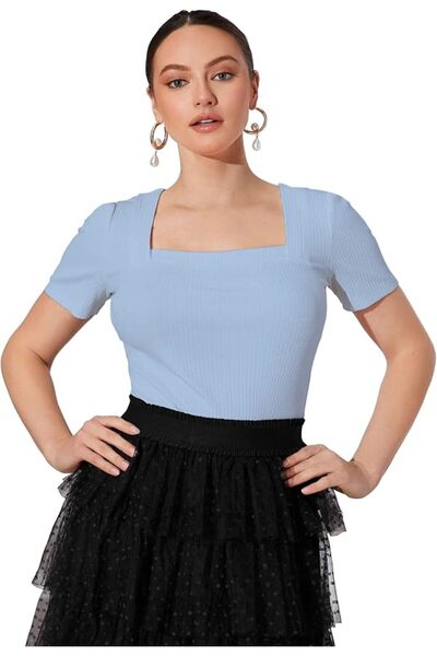 GENERAL Shasmi Women's & Girl's Solid Knitted Square Neck T-Shirts Short Puff...