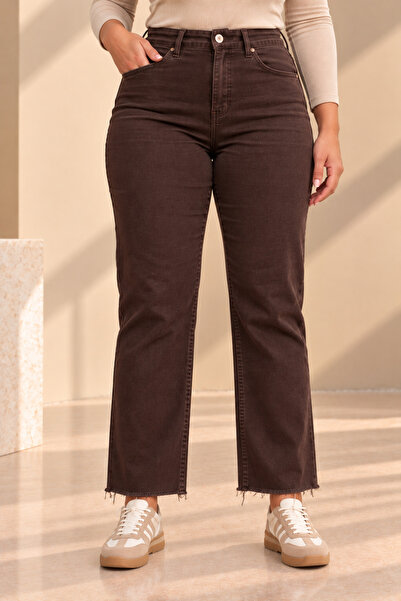 deqfashion Pantaloni Jeans pentru femei de mărime mare, maro amar, cu tăieturi