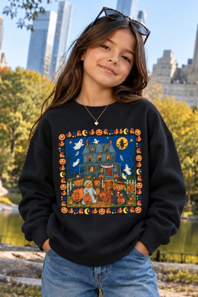 Mortimer Çocuk Halloween Temalı Ayıcık Baskılı Sweatshirt – Cadılar Bayramı Desenli Siyah Çocuk Sweatshirt 🎃🧸