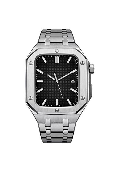 XGSM Brățară din oțel cu carcasă pentru Apple Watch 7/8/9 45mm, Argintiu