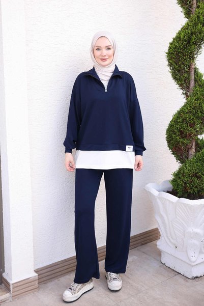 İmajButik Navy Blue Collared Zippered Tunic and Pants Set