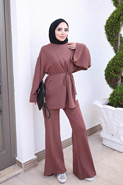 İmajButik Modal Suit with Brown Embroidered Tunic and Pants