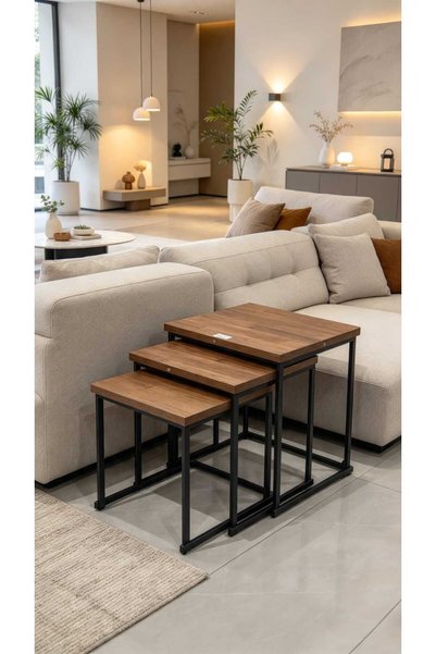 Generic طقم طاولات ضيافة ثلاثة قطع من الخشب وقواعد حديد