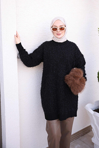İmajButik Black Glitter Angora Soft Knitwear Tunic