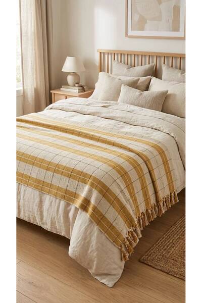 DNRYSL 100% Cotton Karatezgah Woven Mustard Double Pique 200X240 cm Checkered...