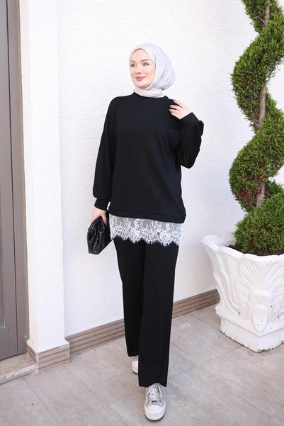 İmajButik طقم تنورة سوداء بياقة دائرية مع سترة دانتيل وبنطلون