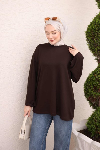 İmajButik Brown Crew Neck Wide Sleeve Tunic