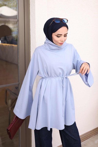 İmajButik Blue Tie-Waist High-Neck Tunic