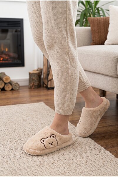 Moda Devrin Beigefarbene Plüsch-Hausschuhe für Damen mit Teddybär-Figur, gerä...