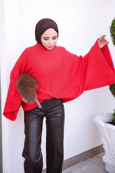 İmajButik سترة تريكو فضفاضة بأكمام حمراء