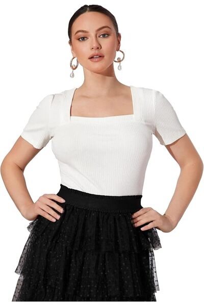 GENERAL Shasmi Women's & Girl's Solid Knitted Square Neck T-Shirts Short Puff...