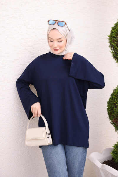 İmajButik Navy Blue Crew Neck Wide Sleeve Tunic
