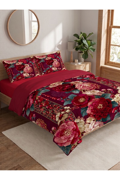 Levva Home Red Rose Flower Ethnic Pattern 3D Digital Printed Double Bedding S...