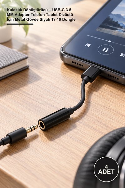 Yenilig 4 Adet Kulaklık Dönüştürücü – USB-C 3.5 MM Adapter Telefon Tablet Dizüstü İçin Metal Gövde Siyah Tr-10 Dongle