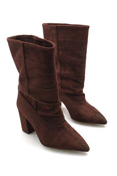 yıldızpark Women's Brown Suede Bellows Western Style Heeled Boots