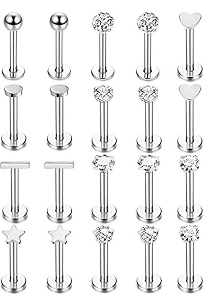 OriTi 20 Pcs 16G Stainless Steel Labret Studs Lip Rings for Men Women 3mm CZ ...