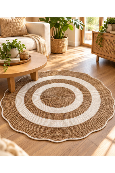 Le Paon 100 cm Yuvarlak Hasır Halı Dekoratif Paspas Kilim Salon Mutfak Balkon...