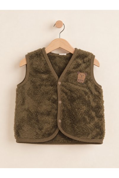 Lindakids Ayıcık Armalı V Yaka Çıtçıtlı %100 Pamuk Unisex Bebek Yeleği