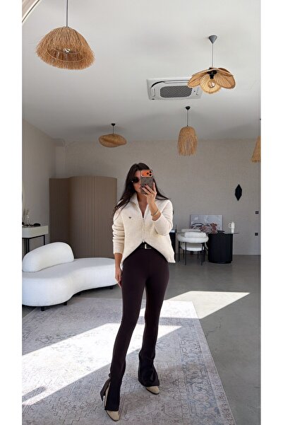 Buket Teke Brown Belted Tapered Leggings with Slit Detail