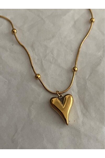 Kokoş Necklace Heart Detail Top Chain Gold Color Steel