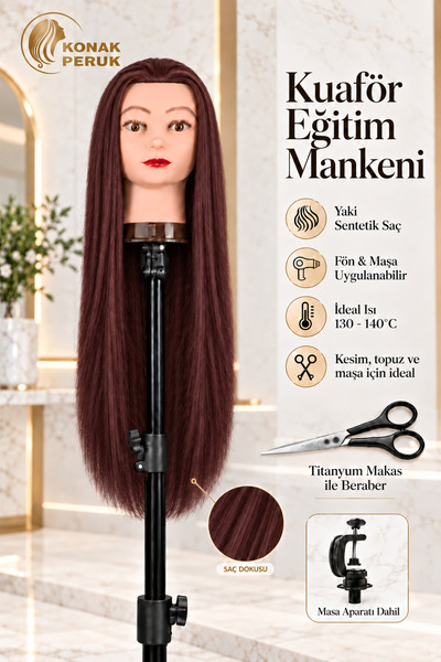 KONAK PERUK Kuaför Eğitim Mankeni - Yaki + Masa Aparatı + Makas / Kızıl Kahve