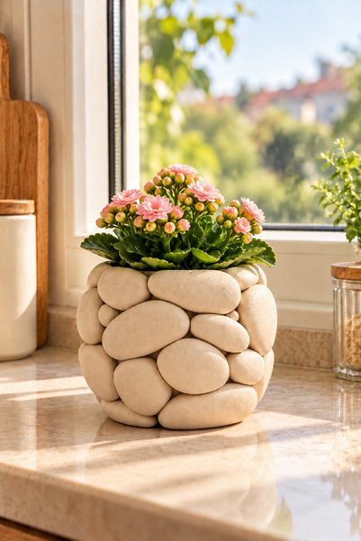 ceatly Dekoratif Taş Desenli Saksı – Latte Renk Modern ve Minimalist Masaüstü...