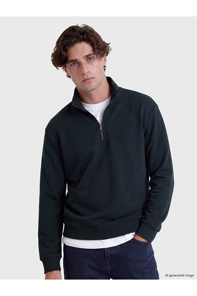 LC Waikiki Ozmarka New Season Green Stand Collar Men's Thick Sweatshirt