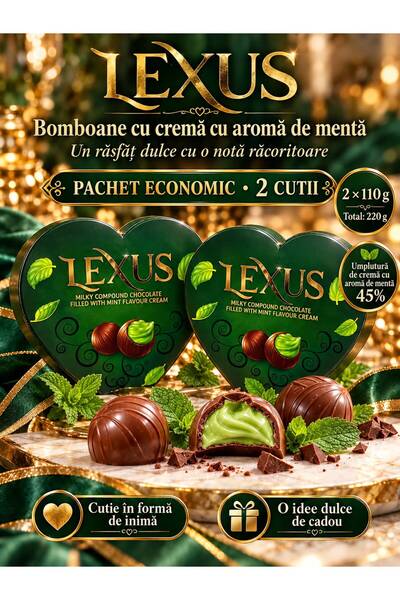 Lexus – Bomboane cu cremă cu aromă de mentă, 2 cutii în formă de inimă × 110 ...