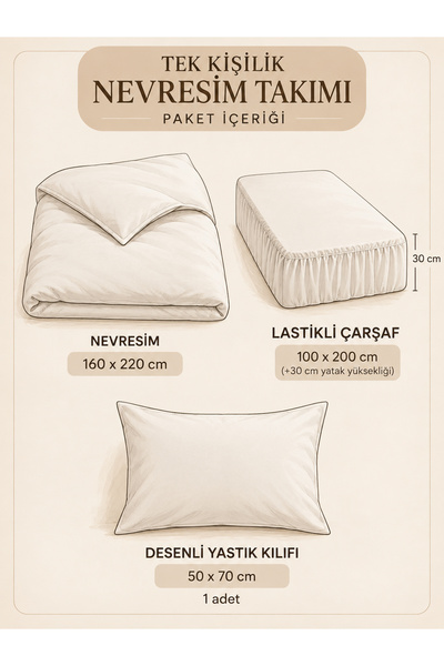 MyStory Home Lastikli Çarşaflı Tek Kişilik Nevresim Takımı Kurşun Asker Bej