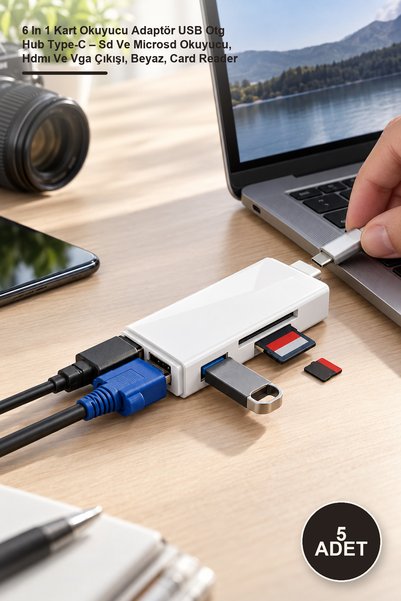 Yenilig 5 Adet 6 In 1 Kart Okuyucu Adaptör USB Otg Hub Type-C – Sd Ve Microsd Okuyucu, Hdmı Ve Vga Çıkışı, Beyaz, Card Reader