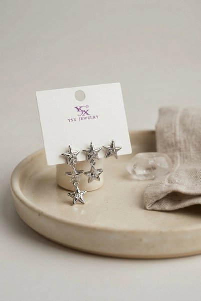 Lovesta Home Silver Color Brass Star Model Dangle Women's Earring Set Tj-Bkp1...