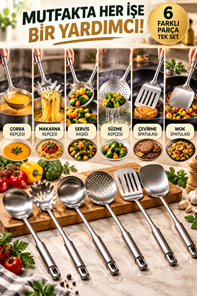 OpenCity 6 Parça Paslanmaz Çelik Kepçe Seti Metal Mutfak Gereçleri Çorba Süzgeç Spatula Kaşık Servis Takımı