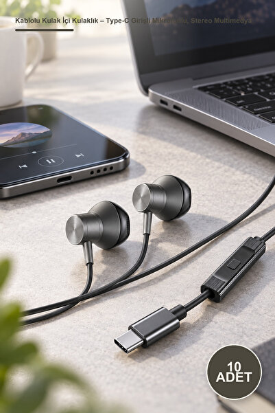 Yenilig 10 Adet Kablolu Kulak İçi Kulaklık – Type-C Girişli Mikrofonlu, Stereo Multimedya Kullanımı, Telefon Tablet Bilgisayar, Earphones Headset, Gri Tc-06
