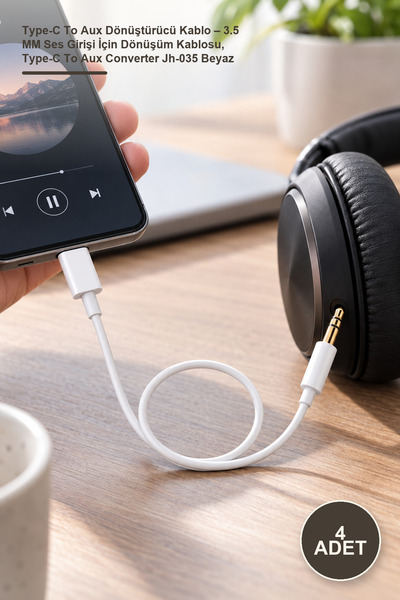 Yenilig 4 Adet Type-C To Aux Dönüştürücü Kablo – 3.5 MM Ses Girişi İçin Dönüşüm Kablosu, Type-C To Aux Converter Jh-035 Beyaz