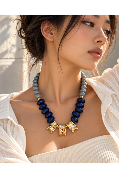 POYASE Gray Navy Blue Beaded Gold Color Detailed Women's Necklace – Modern Design Stylish and Showy Stone Necklace