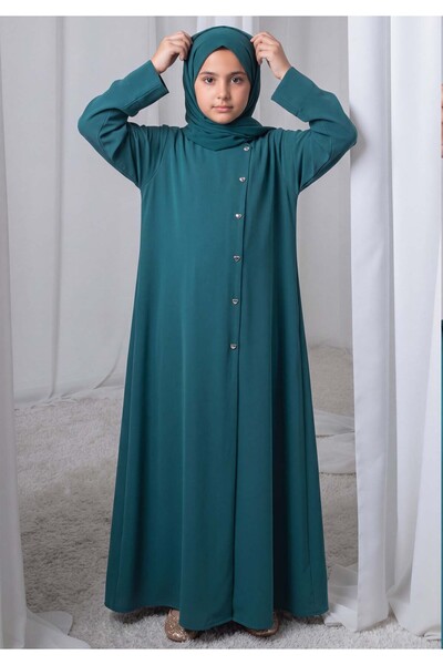 Msquare Fashion Teal Green Kids Abaya with Matching Hijab for Girls Korean Ni...
