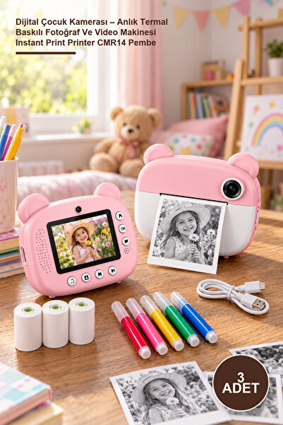 3 Adet Dijital Çocuk Kamerası – Anlık Termal Baskılı Fotoğraf Ve Video Makinesi Instant Print Printer CMR14 Pembe