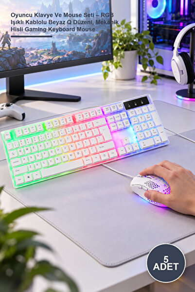 Yenilig 5 Adet Oyuncu Klavye Ve Mouse Seti – RGB Işıklı Kablolu Beyaz Q Düzeni, Mekanik Hisli Gaming Keyboard Mouse