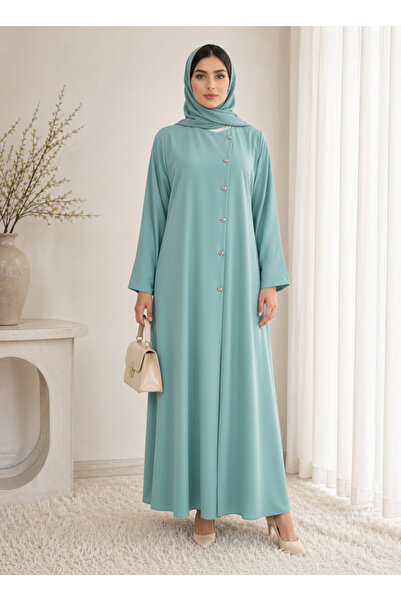 Msquare Fashion Dusty Aqua Korean Nida Abaya – Asymmetrical Button Design wit...